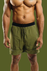 Dark Olive Battle training shorts front view with black drawcord waistband