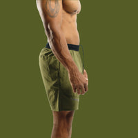 Dark Olive Battle shorts side view showing the lightweight woven fabric