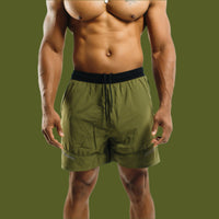 Front view of Dark Olive Battle shorts with drawcord and silver hem trim
