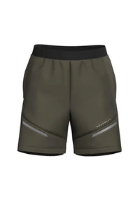 Dark Olive Battle shorts render with silver trim and black waistband