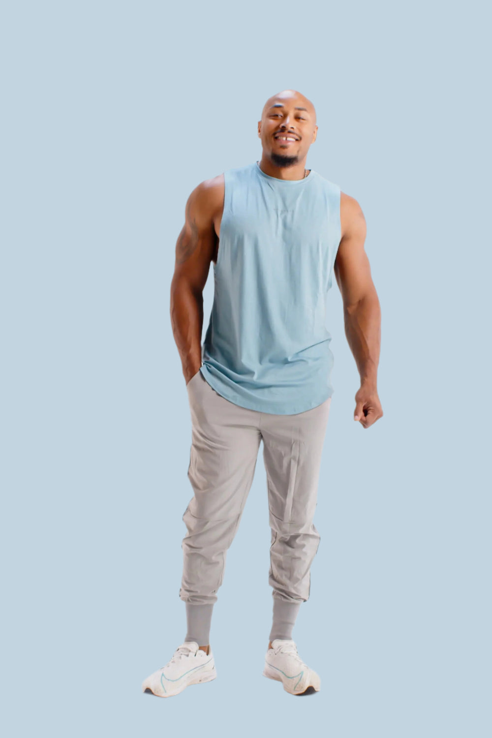 Men's sleeveless workout shirt in Air Force Blue by BodCraft, cool-touch fabric