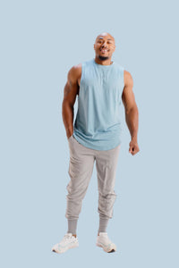 Men's sleeveless workout shirt in Air Force Blue by BodCraft, cool-touch fabric