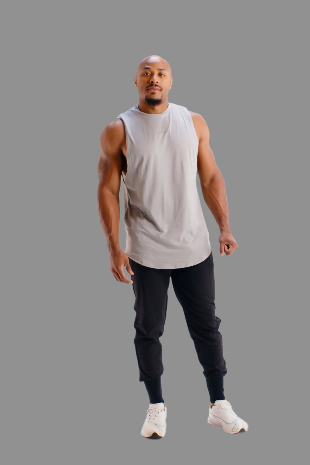 Men's sleeveless workout shirt in Ghost Grey by BodCraft, cool-touch fabric