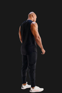 Midnight Black sleeveless gym shirt by BodCraft, showing the scalloped hem detail