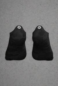 Black camo Explosion socks laid flat, heel tabs with BodCraft logo